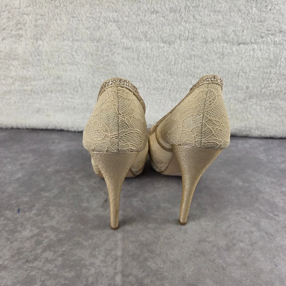Lauren Lorraine Viv Champagne Lace Rhinestone Peep Toe Platform Pump Heels 8.5